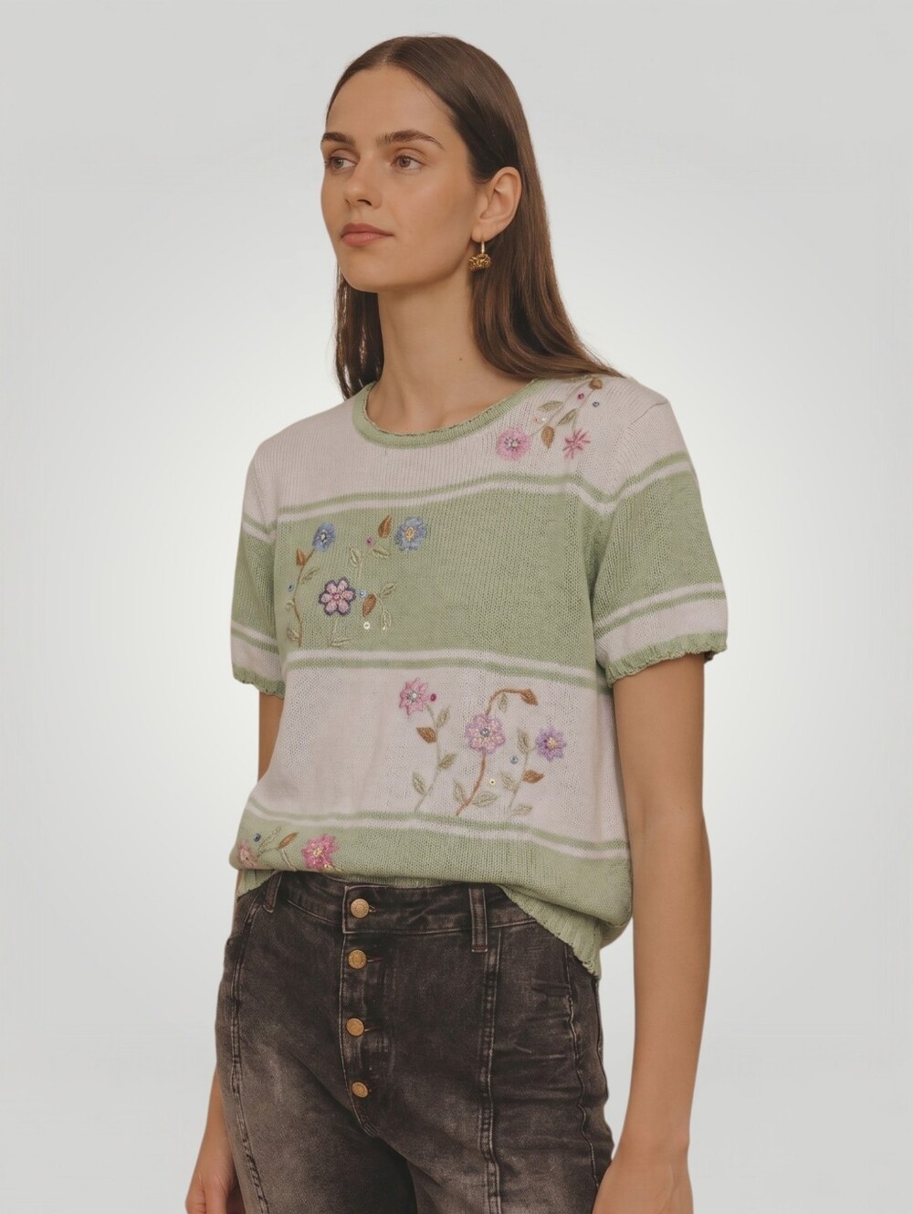 Vintage Sage Green Floral Embroidered Knit Top XL Cottagecore Granny Chic Coquet